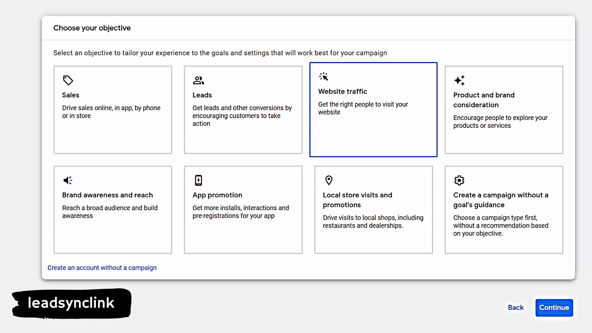 Google Ads account setup goal overview by LeadSyncLink