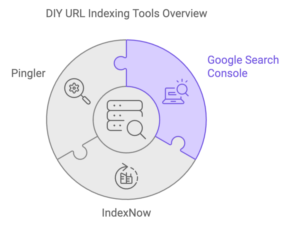 A modern interface showcasing tools like Google Search Console, IndexNow, and Pingler for DIY URL indexing.