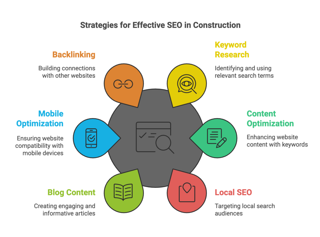 Strategies for effective SEO in the construction industry, with tools and analytics imagery