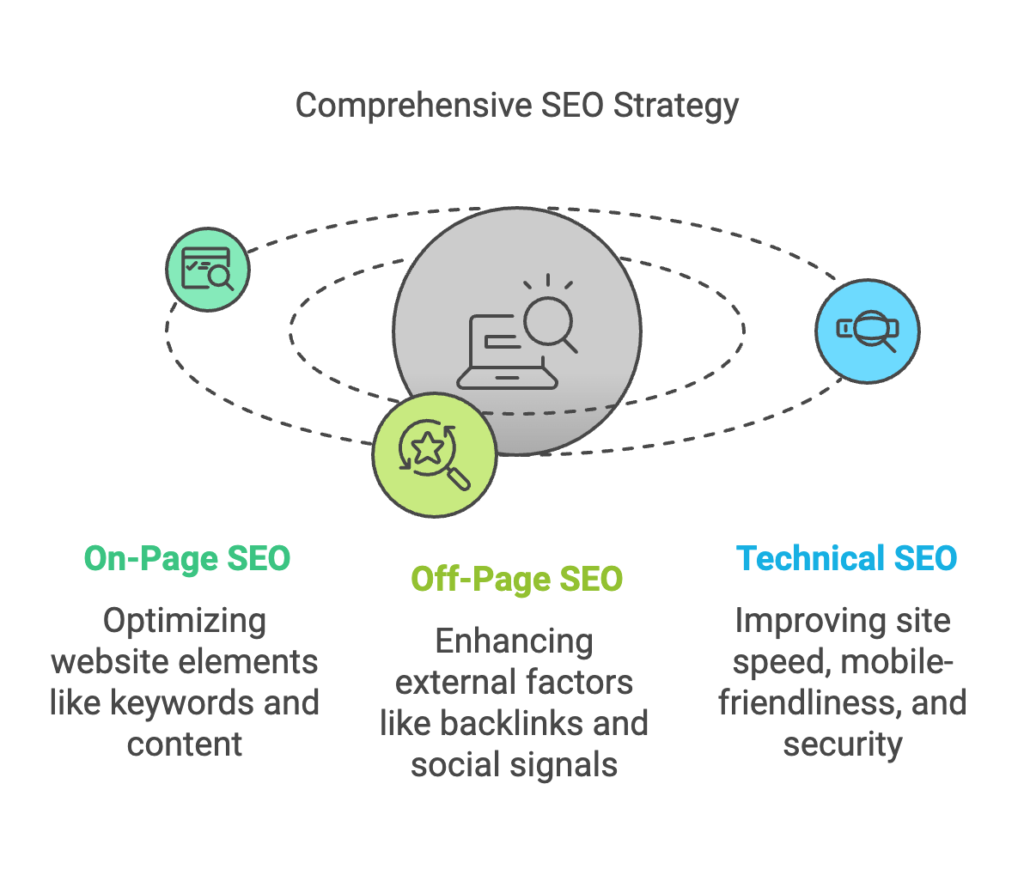 On-page, off-page, and technical SEO components explained.