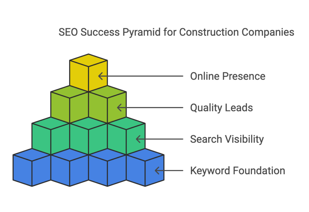 The importance of keyword SEO for construction companies, shown with a digital marketing theme.