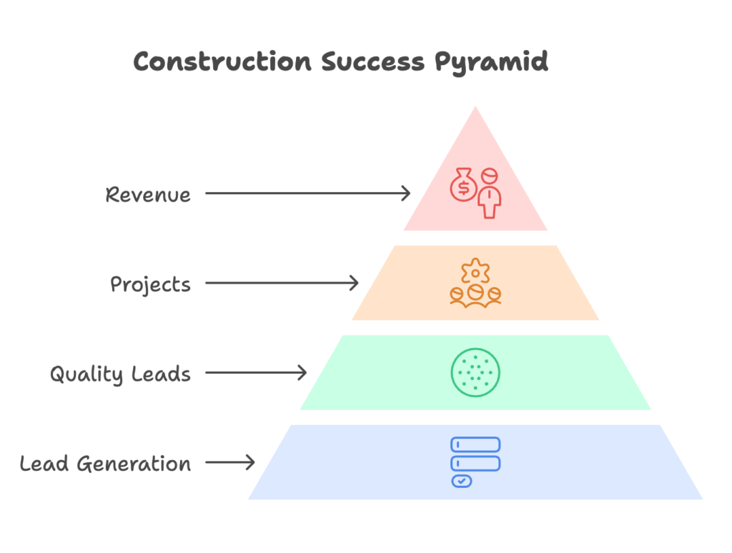 A pyramid graphic with layers representing essential steps for getting construction leads and achieving success.