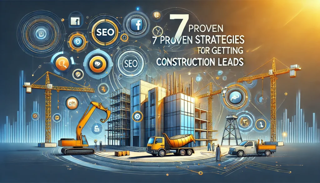 Illustration showing construction professionals discussing getting construction leads with graphs and tools in the background.