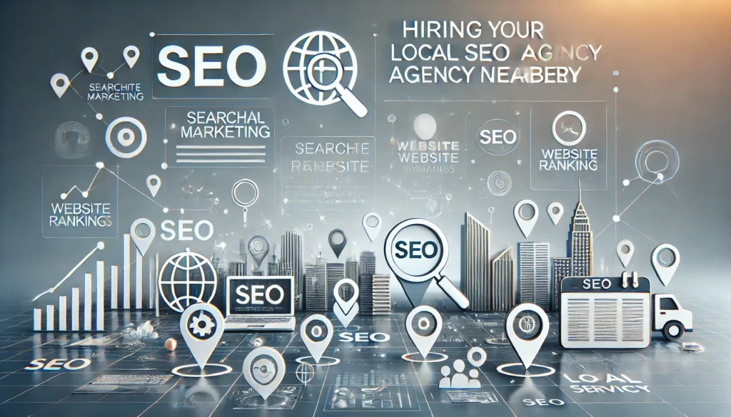 A modern SEO concept with graphs, search bars, and local SEO icons representing the benefits of hiring a nearby SEO agency